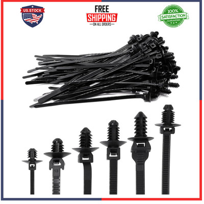 60PCS Push Mount Zip Ties Nylon Wire Harness Clips 6 Types