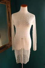 Beaded Pearl Rhinestone Cover Up Midi Dress Mesh See Through Long Sleeve