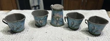 Vintage 1929 Ohio Art Bluebirds and Blossoms Childs Tin Tea Set-4 cups & teapot