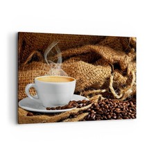 Impression sur Toile 100x70cm Tableaux Image Photo Cappuccino tasse grains sac