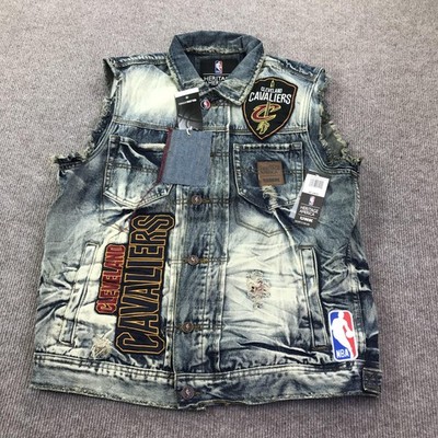 Cleveland Cavaliers Vest Mens Large Blue Denim NBA Basketball Distressed Patch