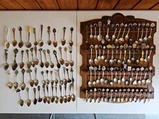Vtg Souvenir Spoon Rack 21" x 17"  Full 64 Spoons & 28 More Variety Mixed Metals