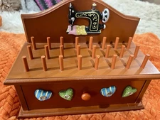 Vintage Wooden Sewing Box Organizer With Thread Accessories and drawer