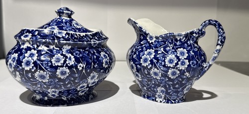 Vintage Royal Crownford Staffordshire Calico Blue Sugar Bowl & Creamer Set