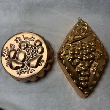 2-Vintage Copper Jello Food Molds with Fruit Design Both Marked