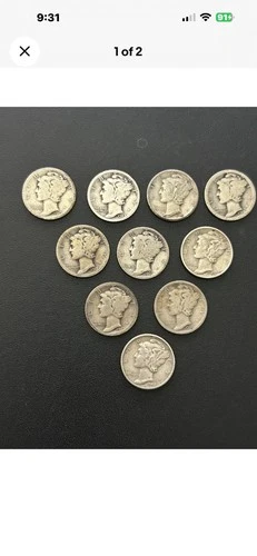 Lot Of 10 Mercury Dimes 90% Silver Various Dates