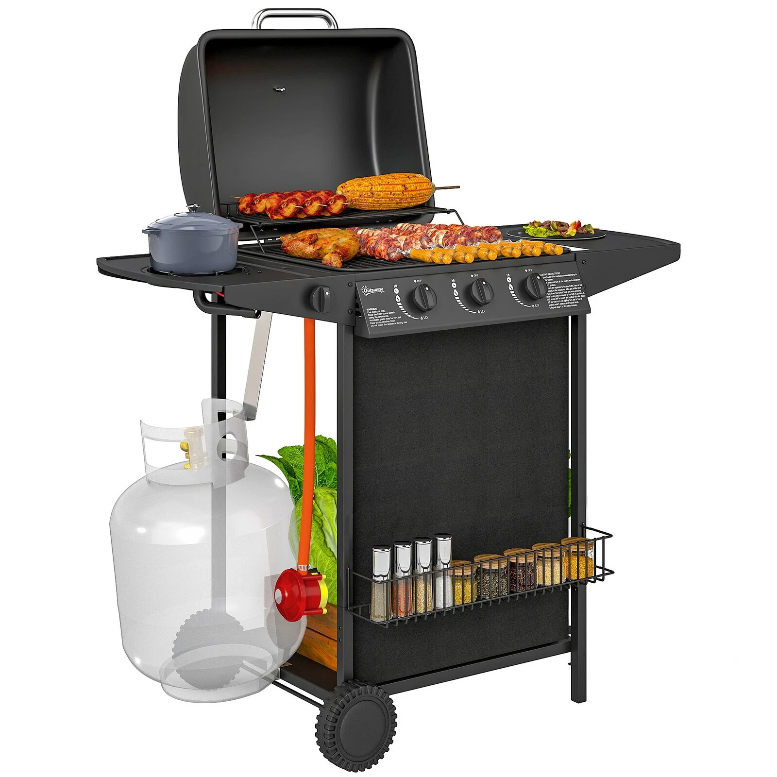 Outsunny 4 Burner Gas Barbecue Grill Portable Gas BBQ Grill with Lid - Black