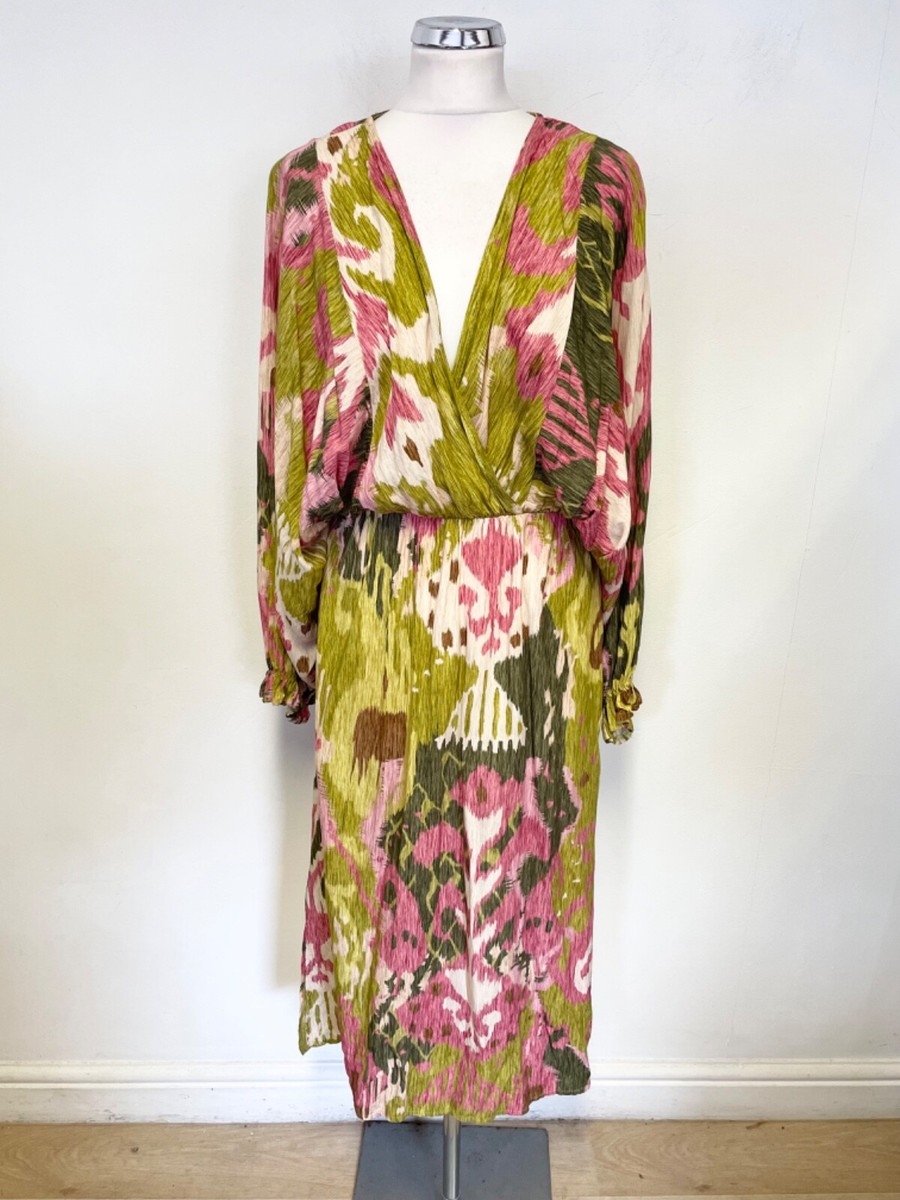 MADE IN ITALY GREEN, BROWN &PINK PRINT V NECK BATWING SLEEVE MIDI DRESS ONE  SIZE | eBay