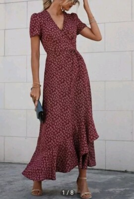 Shein Burgundy Red Ditsy Floral Print Long Wrap Dress Large