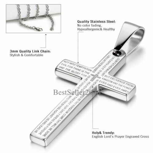 English Prayer Bible Cross Stainless Steel Men Women Charm Pendant Necklace 22" - Picture 3 of 29