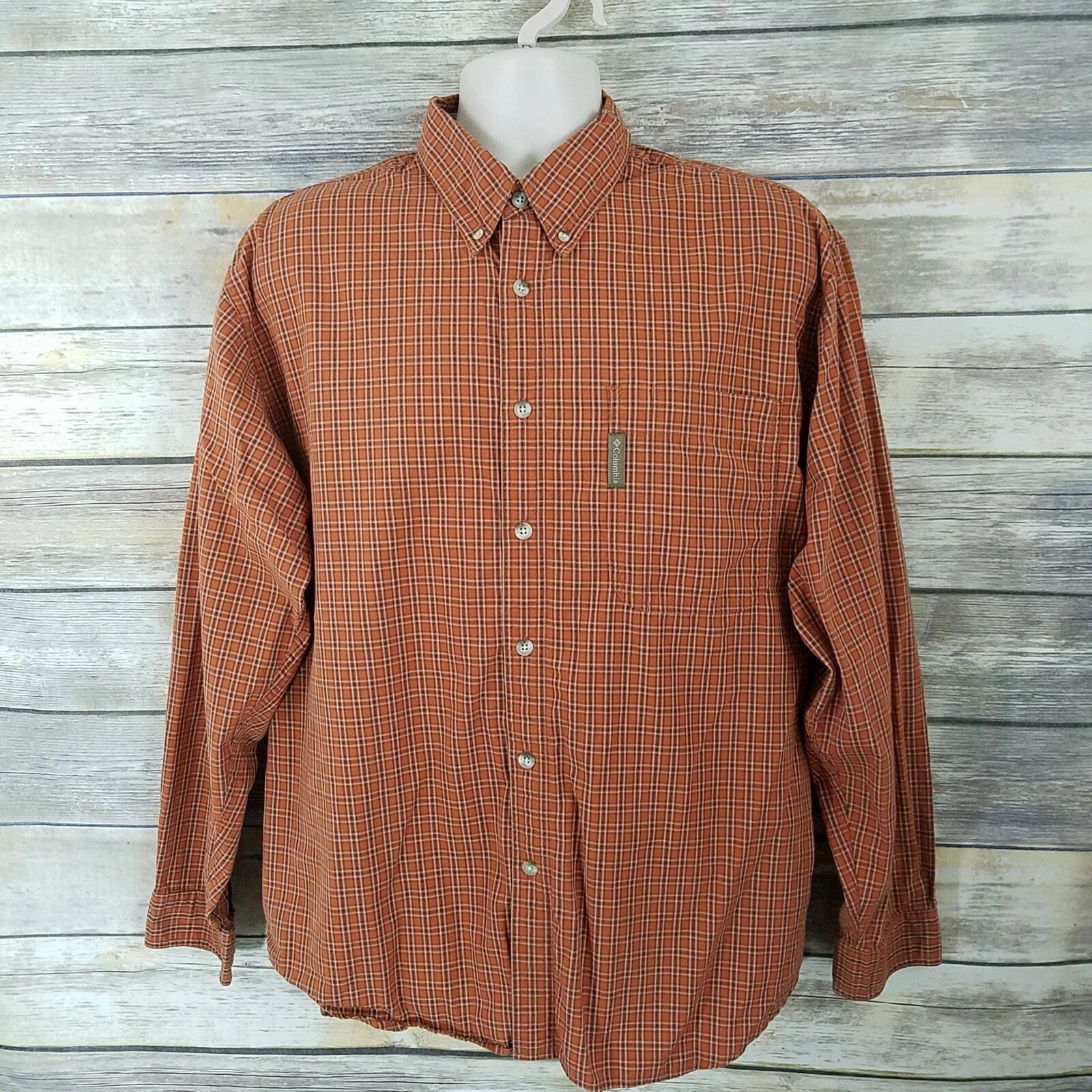 Columbia Size L Button Down Long Sleeve Shirt Plaid Orange Mens Outdoor Hiking