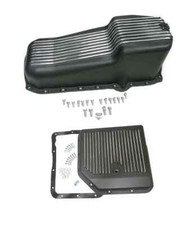 Small Block Chevy Finned Black Aluminum Stock Oil Pan Turbo 350 Transmission Pan