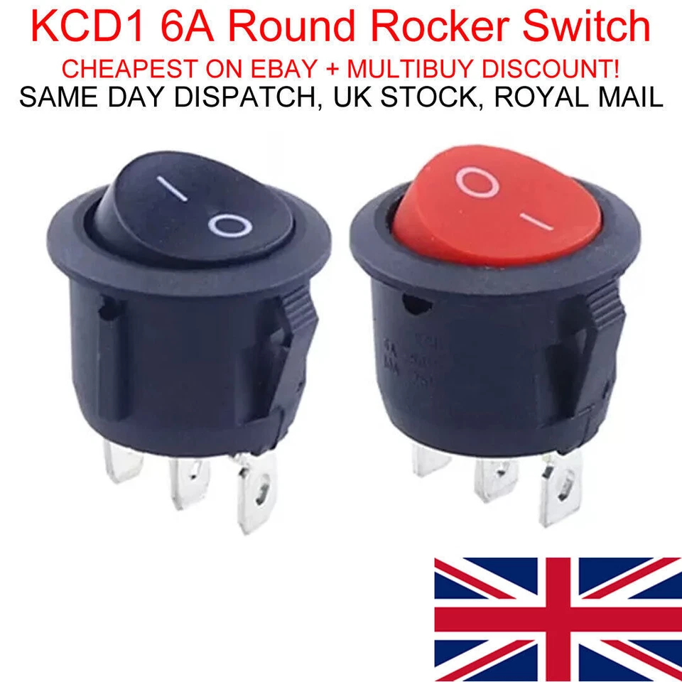 UNBRANDED//GENERIC KCD1 Round Rocker Switch 6A ON-OFF 2 Pin 14-16mm RED BLACK - CHEAPEST ON EBAY!