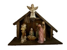 Vintage 9pc Nativity Set Wood Stable Ceramic Figures