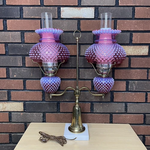 RARE Fenton Cranberry Opalescent Glass Hobnail Double Student Lamp Original