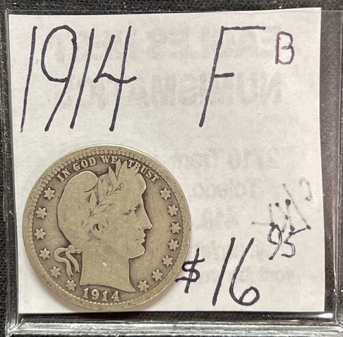 1914-P Barber Silver Quarter (F) Fine Condition. ENN Coins