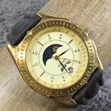 Elgin Sportsman Men VD106-065 Moon Phase Black Leather Quartz 38mm Watch 7 1/2"