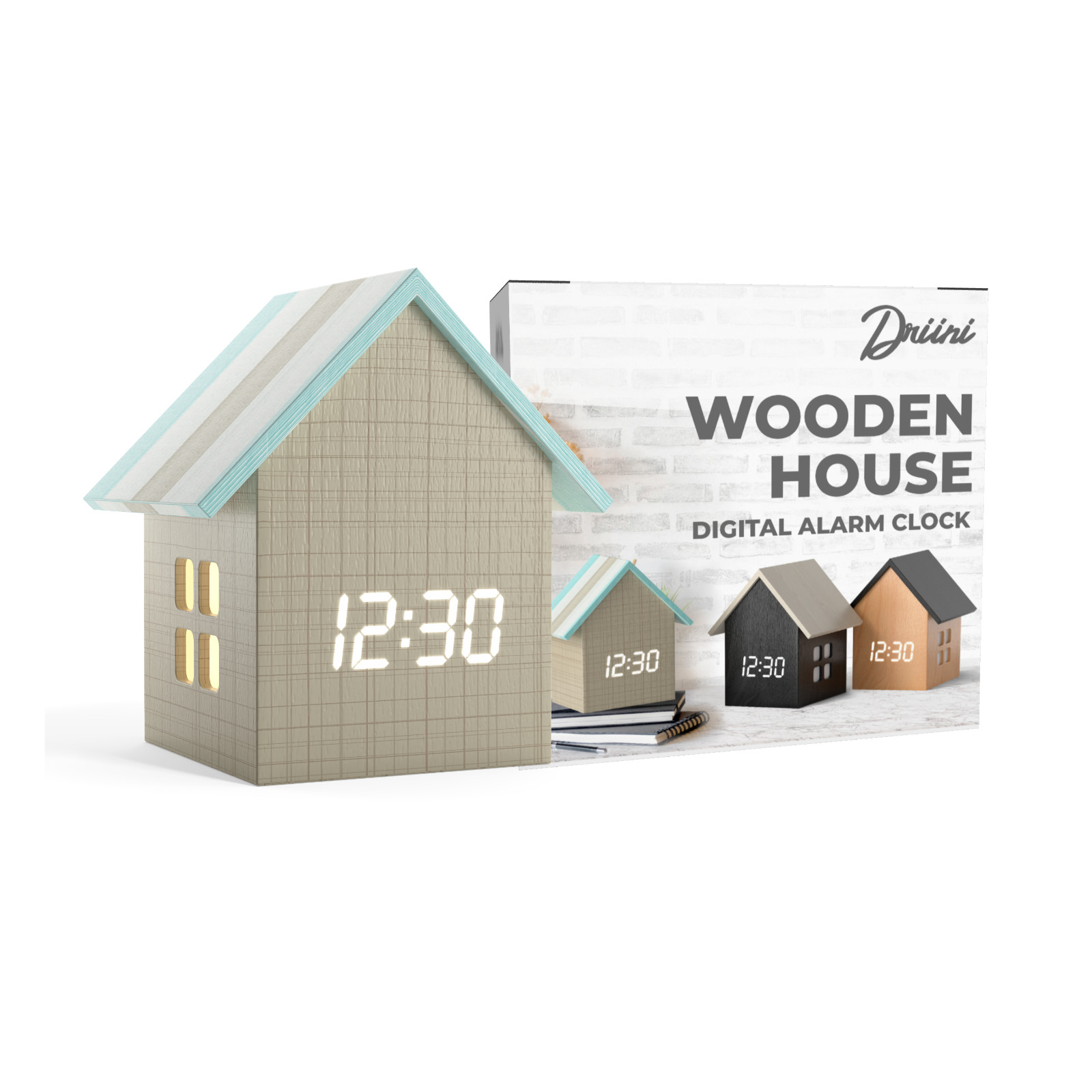 Driini Digital House-Shaped Alarm Clock with Temperature Display (Light Wood)