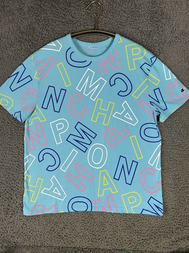 Champion Brand All Over Spell Out T-Shirt Blau Herren T Shirt Gr. XL -J