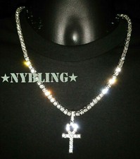 Hip Hop Gold Plated Tennis Chain ANKH Pendant Choker ICED Necklace CZ Jewelry