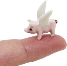 "L Pink Pig with Wings Ceramic Piglet Miniature Dollhouse Figurine Animal Decor