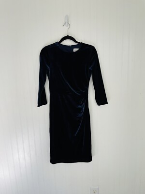 Eliza J Dress Navy Velvet Cocktail Sheath Gathered Waist 3/4 Sleeve Size  - Main Image