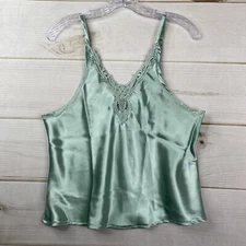 VTG Kathryn Camisole Sz M Green Satin Crochet Trim Lingerie Adjustable V Neck