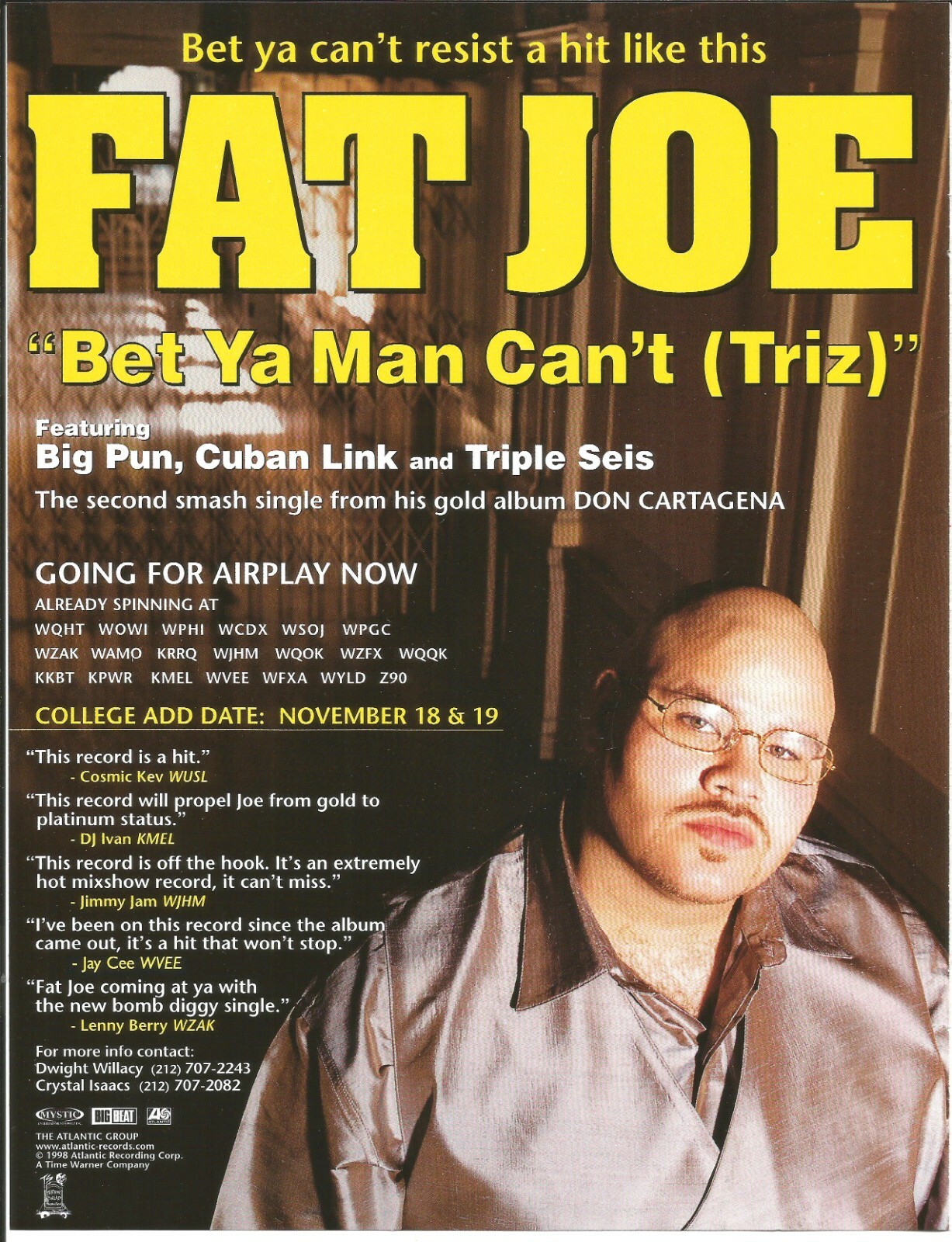 FAT JOE w/ BIG PUN Rare VINTAGE Bet ya 1998 PROMO TRADE AD Poster of Don CD MINT