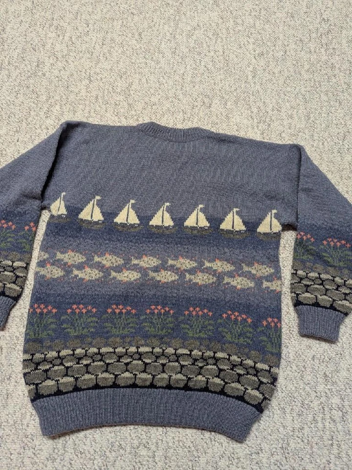 vintage 1990s wool ALL-OVER sweater M cape cod PREPPY fair isle SAIL BOAT fish - Image 4 of 4