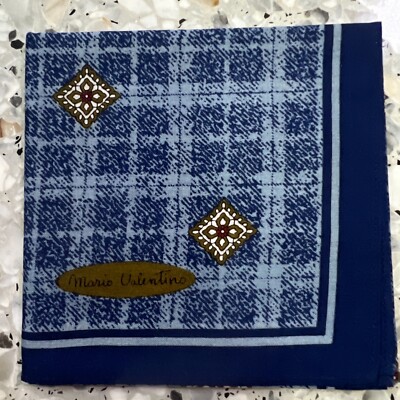 MAN HANKY PLAID GEOMETRICS BLUE CLASSIC VTG COTTON POCKET ART SQUARE 18  #M35