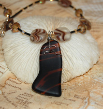 Wire Wrapped Brown Black Faux Sea Glass Necklace 19" Handmade Beaded Jewelry