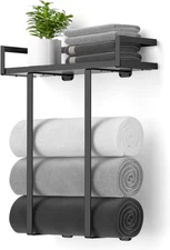 Towel Racks for Bathroom Wall Mounted,  Metal Towel Holder with Wooden Shelf for
