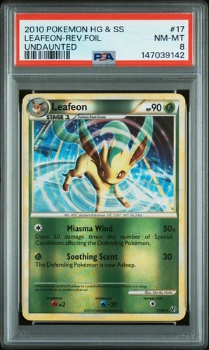 2010 POKEMON HEARTGOLD & SOULSILVER UNDAUNTED #17 LEAFEON-REVERSE FOIL PSA 8