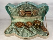 Art Deco Brown Gold Floral Celluloid 9 Piece Vanity Set Original Box Musical