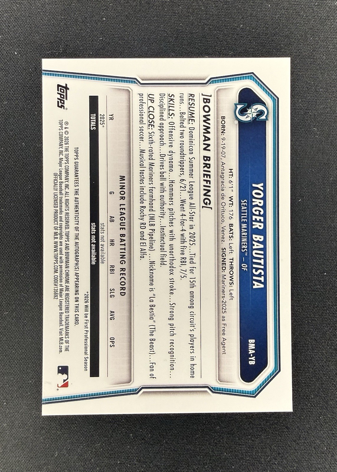 2026 Bowman Chrome Yorger Bautista Mojo Refractor Auto Mariners BMA-YB view 6