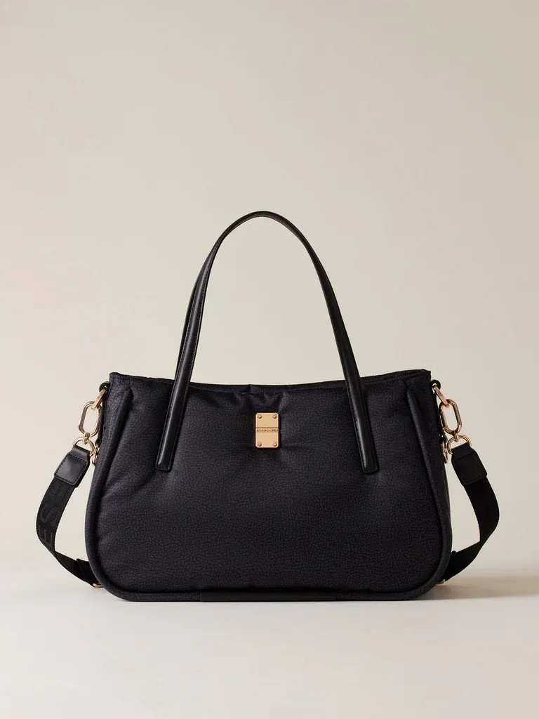 BORBONESE CAHIER SHOPPER MEDIUM Borsa a Mano di Tessuto Riciclato OP Dark Black
