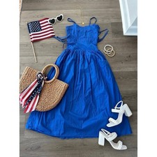 Moon River Blue Smocked Midi Dress Side Tie Sleeveless Cotton Blend Small