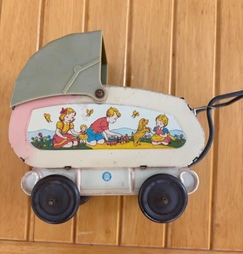 Vintage 1950s OHIO ART Lithograph Tin 7" BABY Doll Buggy Toy Miniature