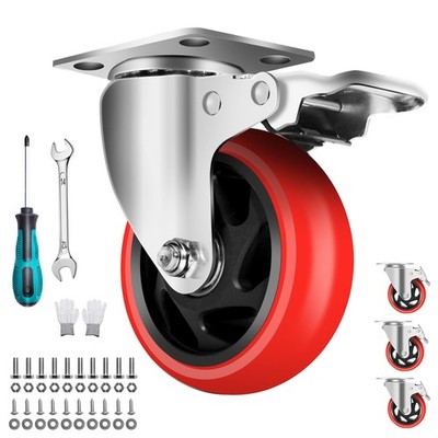 4 Inch Industrial Caster Wheels with Brake - 6.11 x 10.23 x 5.12 inches, RED