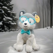 FAO Schwarz Sparklers Husky Dog Plush Light Blue Heart Glasses Bow Tie NWT 13"