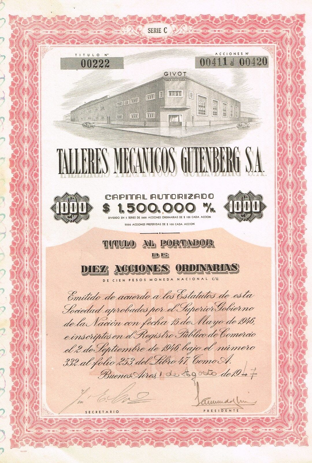 ARGENTINA GUTENBERG MACHINE SHOP stock certificate 1000