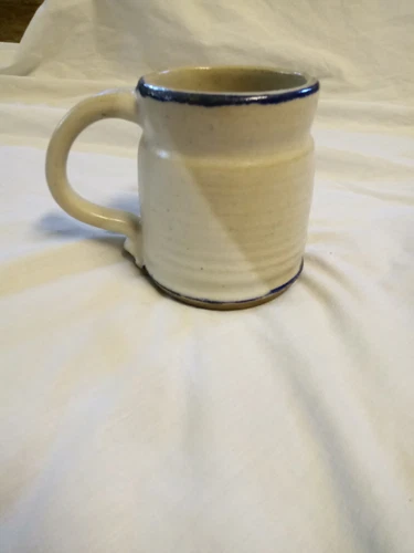 Vintage 1987 Pottery Mug 1987 Blue Striped Edging White/Beige Glazed Stoneware