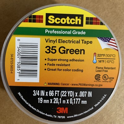 3M Scotch 35 Vinyl Electrical Color Coding Tape 3/4'' x 66ft Green 10851