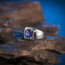 Anello In Argento Sterling 925 Con Gemma Di Zaffiro Blu Riscaldata Per Uomo #304