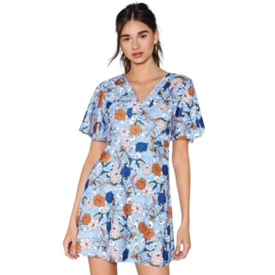 Zara Women's Basic Dress 70's Retro Blue Floral Bell Sleeve Deep V-Neck Mini S