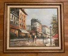 Vintage Henri Rogers Paris Street Scene Oil Painting Canvas Mid Century Modern