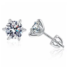 2ct Round Screw Back Moissanite 6Prong Stud Earrings Real Solid 925 Silver