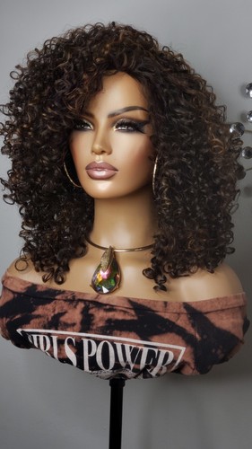 New Curly Brown Blonde Highlights Hair Drawstring Full Cap Half Wig Quick Style - Picture 5 of 13