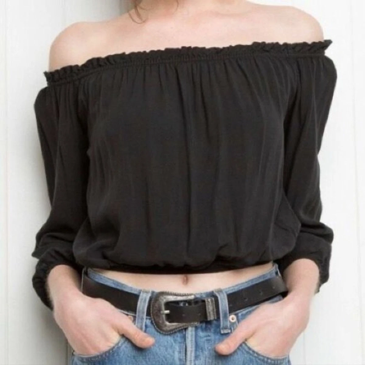 Brandy Melville Women's Black Off Shoulder Crop Top