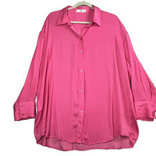 Mango MNG Satin Blouse Pink 10 Size Preppy Flowy Oversized Button Front Barbie